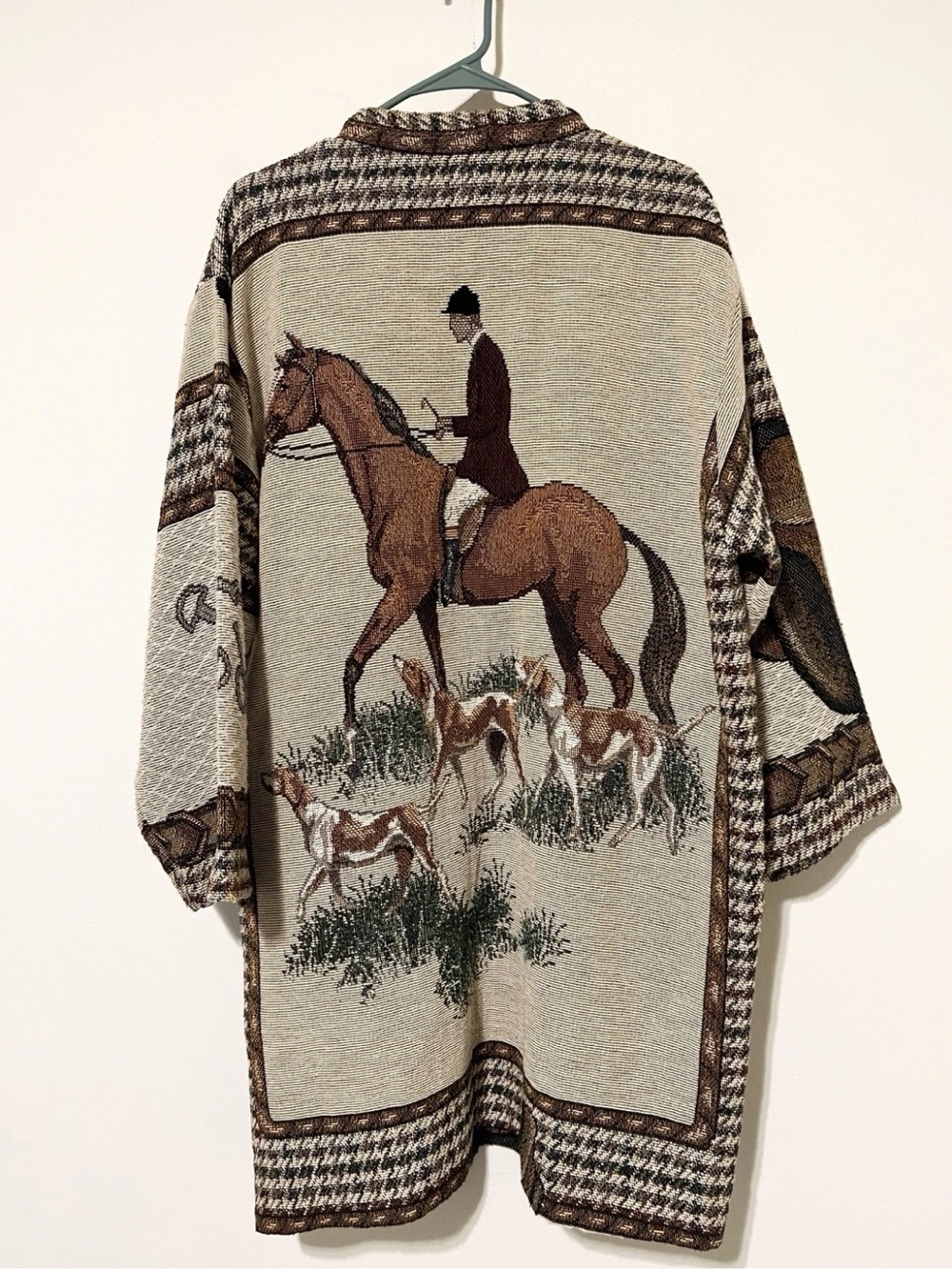 Vintage Tapestry Fox Hunt Horse Hound Scene Oversized Open Front Coat Vtg  J